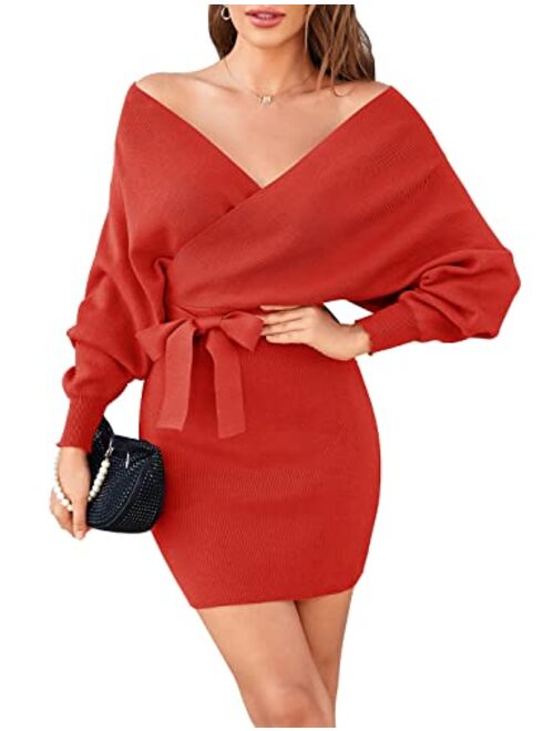 Zonsaoja Women's Sweater Dress Sexy V Neck Long Sleeve Backless Wrap Knitted Mini Dresses