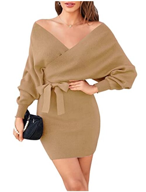 Zonsaoja Women's Sweater Dress Sexy V Neck Long Sleeve Backless Wrap Knitted Mini Dresses