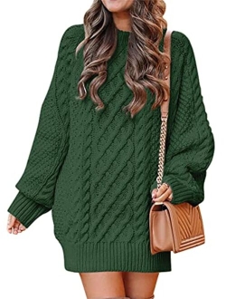 Women Crewneck Long Sleeve Oversized Cable Knit Chunky Pullover Short Sweater Dresses