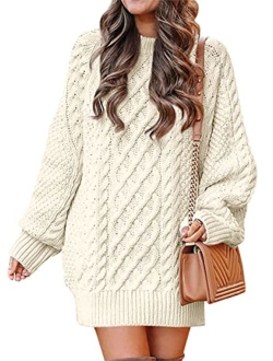 Women Crewneck Long Sleeve Oversized Cable Knit Chunky Pullover Short Sweater Dresses