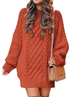 Women Crewneck Long Sleeve Oversized Cable Knit Chunky Pullover Short Sweater Dresses