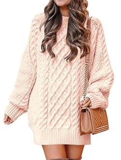 Women Crewneck Long Sleeve Oversized Cable Knit Chunky Pullover Short Sweater Dresses