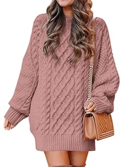 Women Crewneck Long Sleeve Oversized Cable Knit Chunky Pullover Short Sweater Dresses