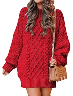 Women Crewneck Long Sleeve Oversized Cable Knit Chunky Pullover Short Sweater Dresses