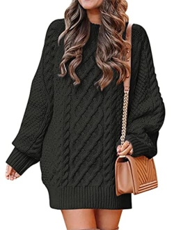 Women Crewneck Long Sleeve Oversized Cable Knit Chunky Pullover Short Sweater Dresses