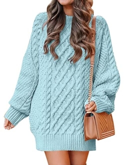 Women Crewneck Long Sleeve Oversized Cable Knit Chunky Pullover Short Sweater Dresses