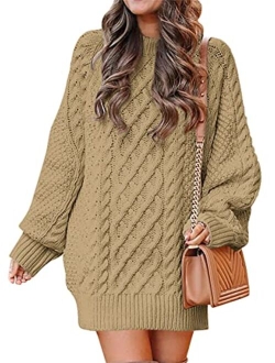 Women Crewneck Long Sleeve Oversized Cable Knit Chunky Pullover Short Sweater Dresses