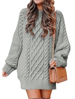 Women Crewneck Long Sleeve Oversized Cable Knit Chunky Pullover Short Sweater Dresses