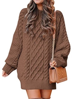 Women Crewneck Long Sleeve Oversized Cable Knit Chunky Pullover Short Sweater Dresses