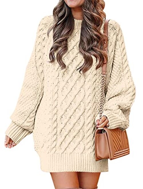 ANRABESS Women Crewneck Long Sleeve Oversized Cable Knit Chunky Pullover Short Sweater Dresses