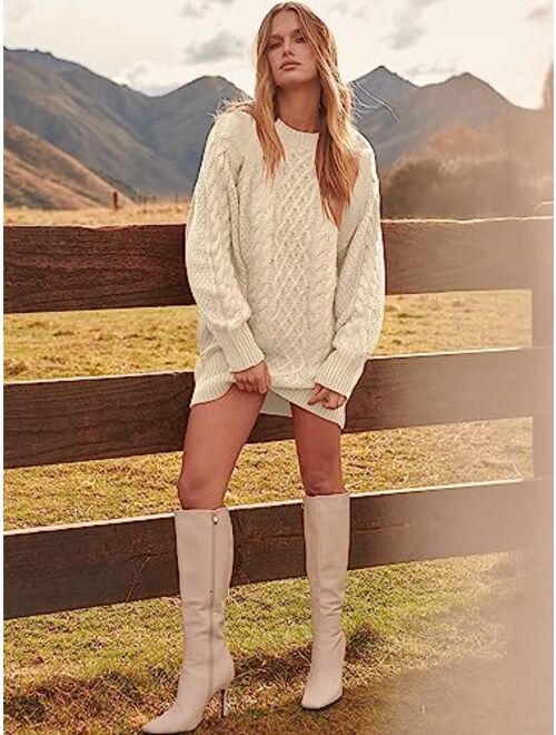 ANRABESS Women Crewneck Long Sleeve Oversized Cable Knit Chunky Pullover Short Sweater Dresses