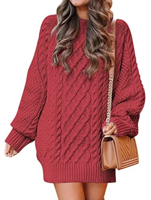 ANRABESS Women Crewneck Long Sleeve Oversized Cable Knit Chunky Pullover Short Sweater Dresses