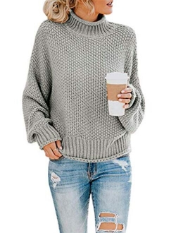 Womens Turtleneck Knit Sweaters Casual Chunky Pullover Long Sleeve Loose Jumper Tops