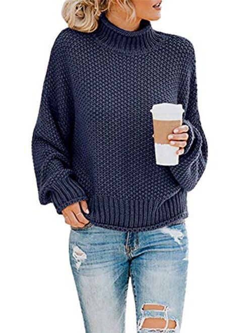 Womens Turtleneck Knit Sweaters Casual Chunky Pullover Long Sleeve Loose Jumper Tops