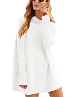 Women Casual Turtleneck Batwing Sleeve Slouchy Oversized Ribbed Knit Tunic Sweaters Pullover