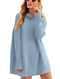 Women Casual Turtleneck Batwing Sleeve Slouchy Oversized Ribbed Knit Tunic Sweaters Pullover