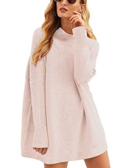 Women Casual Turtleneck Batwing Sleeve Slouchy Oversized Ribbed Knit Tunic Sweaters Pullover