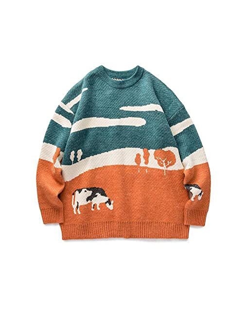 Vintage Sweater Youth Mens Grassland Cow Knitted Pullover Oversize Women Casual Harajuku Clothes