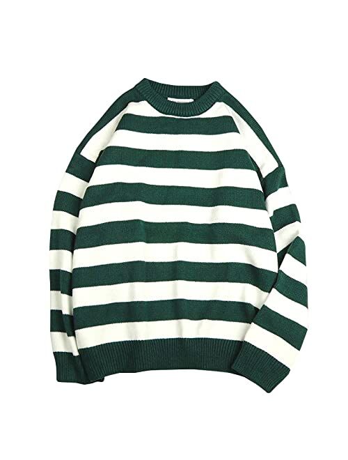 NCDUANSAN Knitted Striped Sweater Men's and Women's Casual Oversized Pullover Sweater Loose Warm Pullover Couple Suit(red,XL (60-70KG))