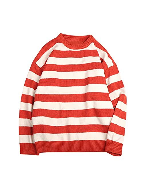 NCDUANSAN Knitted Striped Sweater Men's and Women's Casual Oversized Pullover Sweater Loose Warm Pullover Couple Suit(red,XL (60-70KG))