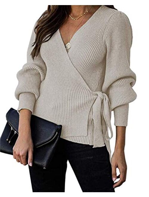 KIRUNDO Women’s 2021 Fall Winter Sexy V Neck Oversized Sweater Balloon Sleeve Ribbed Wrap Chunky Knit Pullover Tunic Top