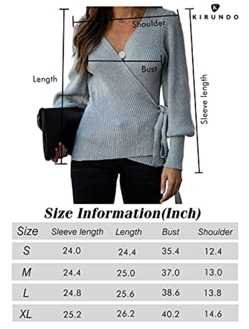 KIRUNDO Women’s 2021 Fall Winter Sexy V Neck Oversized Sweater Balloon Sleeve Ribbed Wrap Chunky Knit Pullover Tunic Top