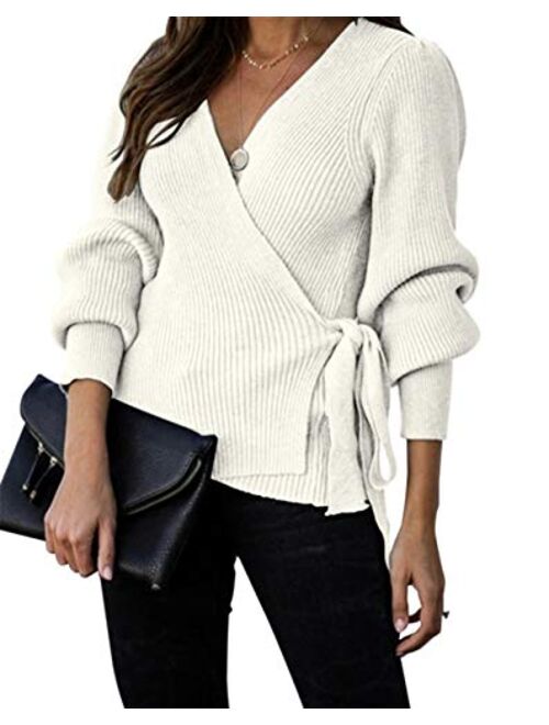 KIRUNDO Women’s 2021 Fall Winter Sexy V Neck Oversized Sweater Balloon Sleeve Ribbed Wrap Chunky Knit Pullover Tunic Top