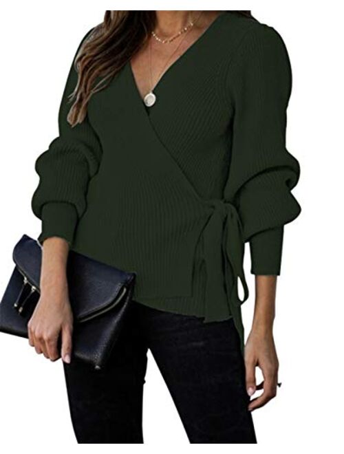 KIRUNDO Women’s 2021 Fall Winter Sexy V Neck Oversized Sweater Balloon Sleeve Ribbed Wrap Chunky Knit Pullover Tunic Top