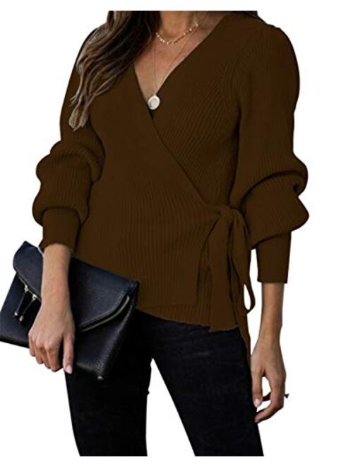 KIRUNDO Women’s 2021 Fall Winter Sexy V Neck Oversized Sweater Balloon Sleeve Ribbed Wrap Chunky Knit Pullover Tunic Top