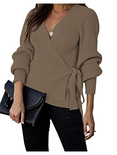 KIRUNDO Women’s 2021 Fall Winter Sexy V Neck Oversized Sweater Balloon Sleeve Ribbed Wrap Chunky Knit Pullover Tunic Top