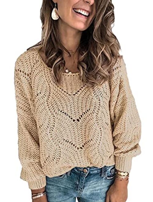 Dokotoo Womens Cute Soft Hollow Cable Knit Pullover Sweaters