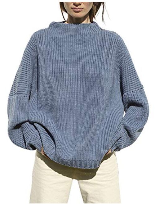 Ugerlov Women's Oversized Sweaters Batwing Sleeve Mock Neck Jumper Tops Chunky Knit Pullover Sweater