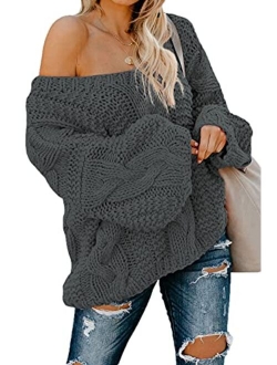 Astylish Women Sexy Long Sleeve Off Shoulder Loose Cable Knit Pullover Sweater