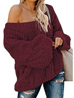 Astylish Women Sexy Long Sleeve Off Shoulder Loose Cable Knit Pullover Sweater