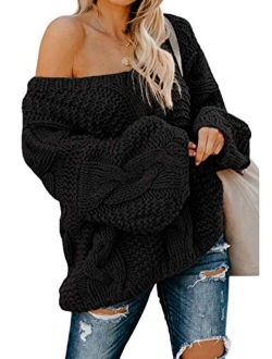 Astylish Women Sexy Long Sleeve Off Shoulder Loose Cable Knit Pullover Sweater