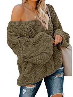 Astylish Women Sexy Long Sleeve Off Shoulder Loose Cable Knit Pullover Sweater