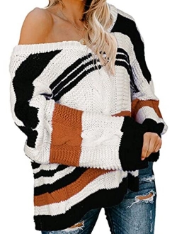 Astylish Women Sexy Long Sleeve Off Shoulder Loose Cable Knit Pullover Sweater