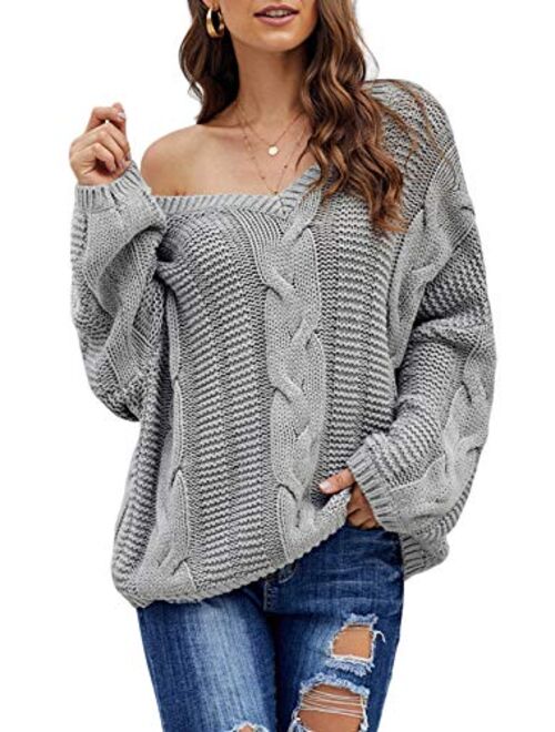 Astylish Women Sexy Long Sleeve Off Shoulder Loose Cable Knit Pullover Sweater