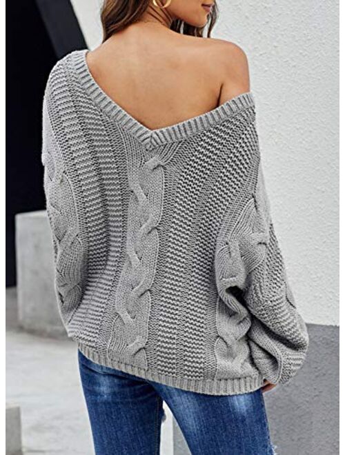 Astylish Women Sexy Long Sleeve Off Shoulder Loose Cable Knit Pullover Sweater