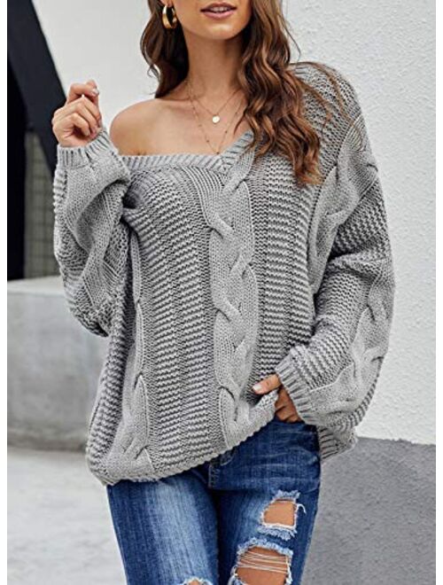 Astylish Women Sexy Long Sleeve Off Shoulder Loose Cable Knit Pullover Sweater