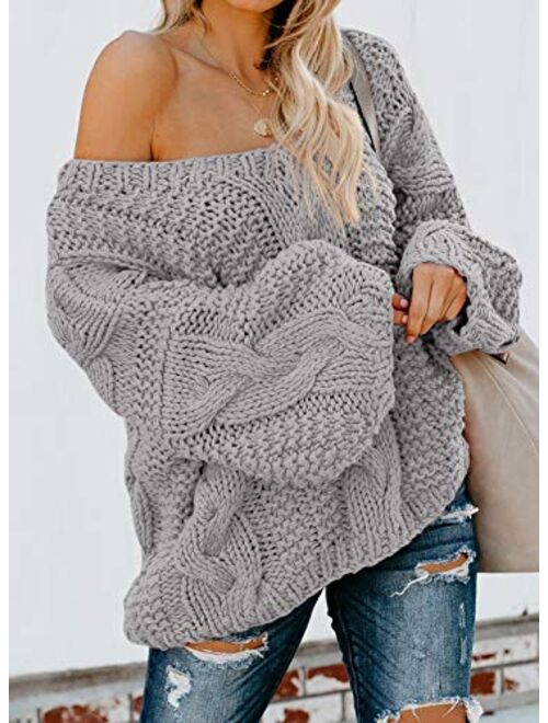 Astylish Women Sexy Long Sleeve Off Shoulder Loose Cable Knit Pullover Sweater