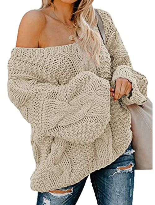 Astylish Women Sexy Long Sleeve Off Shoulder Loose Cable Knit Pullover Sweater