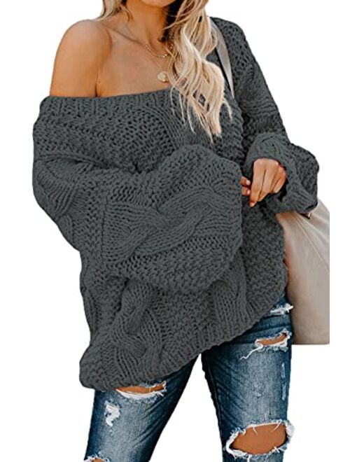 Astylish Women Sexy Long Sleeve Off Shoulder Loose Cable Knit Pullover Sweater