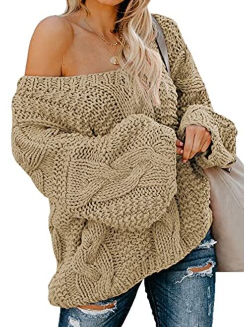 Astylish Women Sexy Long Sleeve Off Shoulder Loose Cable Knit Pullover Sweater