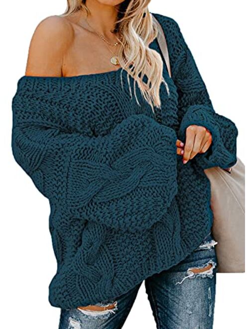 Astylish Women Sexy Long Sleeve Off Shoulder Loose Cable Knit Pullover Sweater