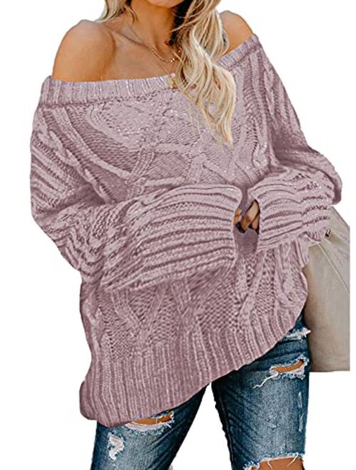 Astylish Women Sexy Long Sleeve Off Shoulder Loose Cable Knit Pullover Sweater