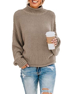 Womens Casual Turtleneck Long Sleeve Chunky Knit Pullover Sweater Jumper Tops