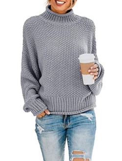 Womens Casual Turtleneck Long Sleeve Chunky Knit Pullover Sweater Jumper Tops