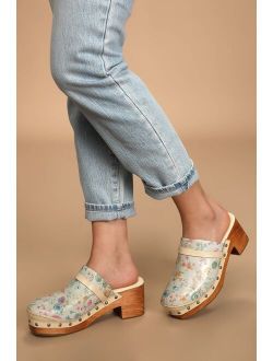 Calabasas Ivory Floral Print Leather Studded Clogs
