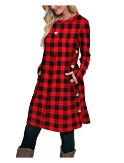 OFEEFAN Women's Long Sleeve Dress with Pockets Buttons Side